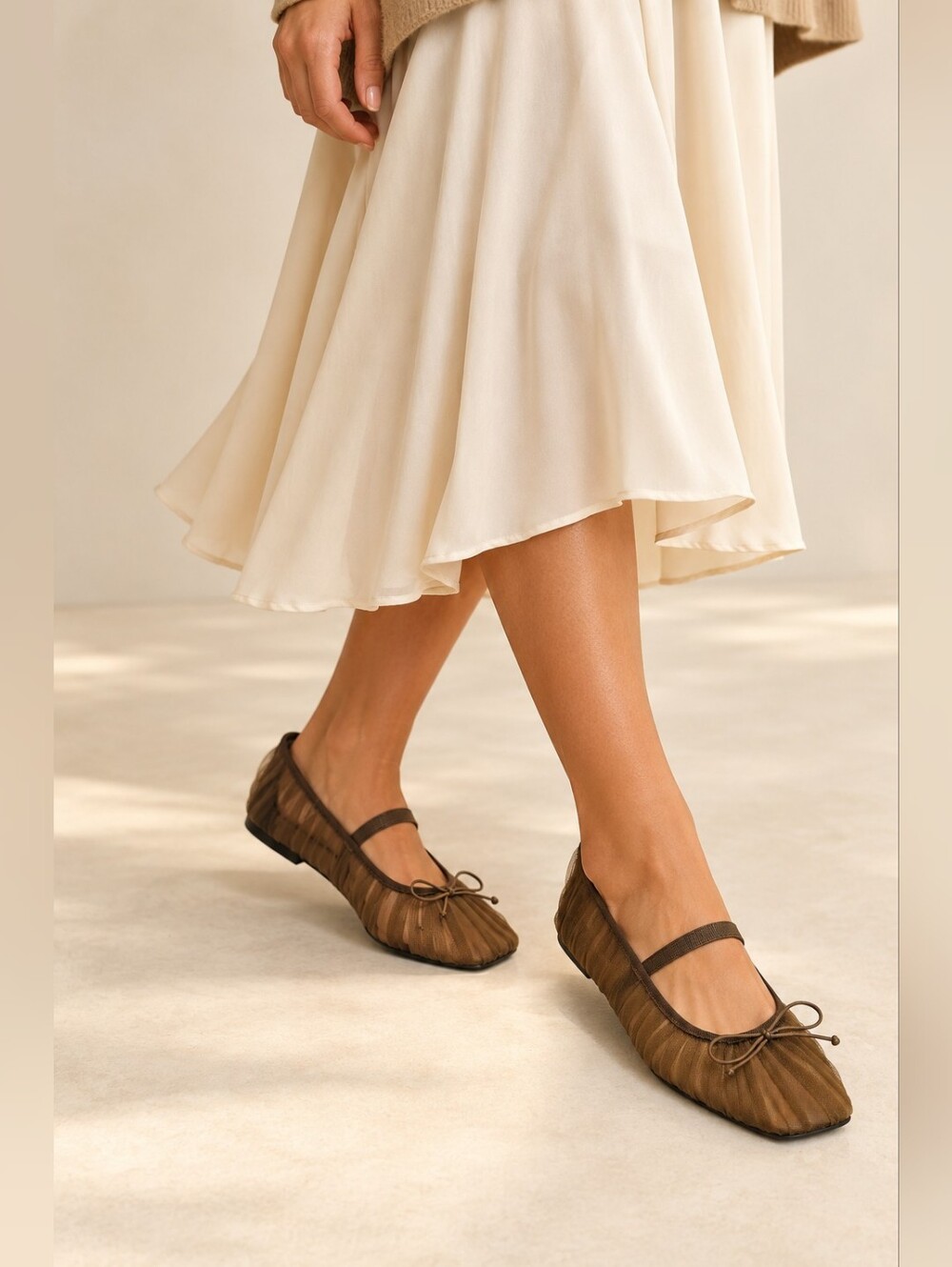 Dolce Vita Brown Pleated Mesh Mary Jane Ballet Flats Size 9 Square Toe Bow